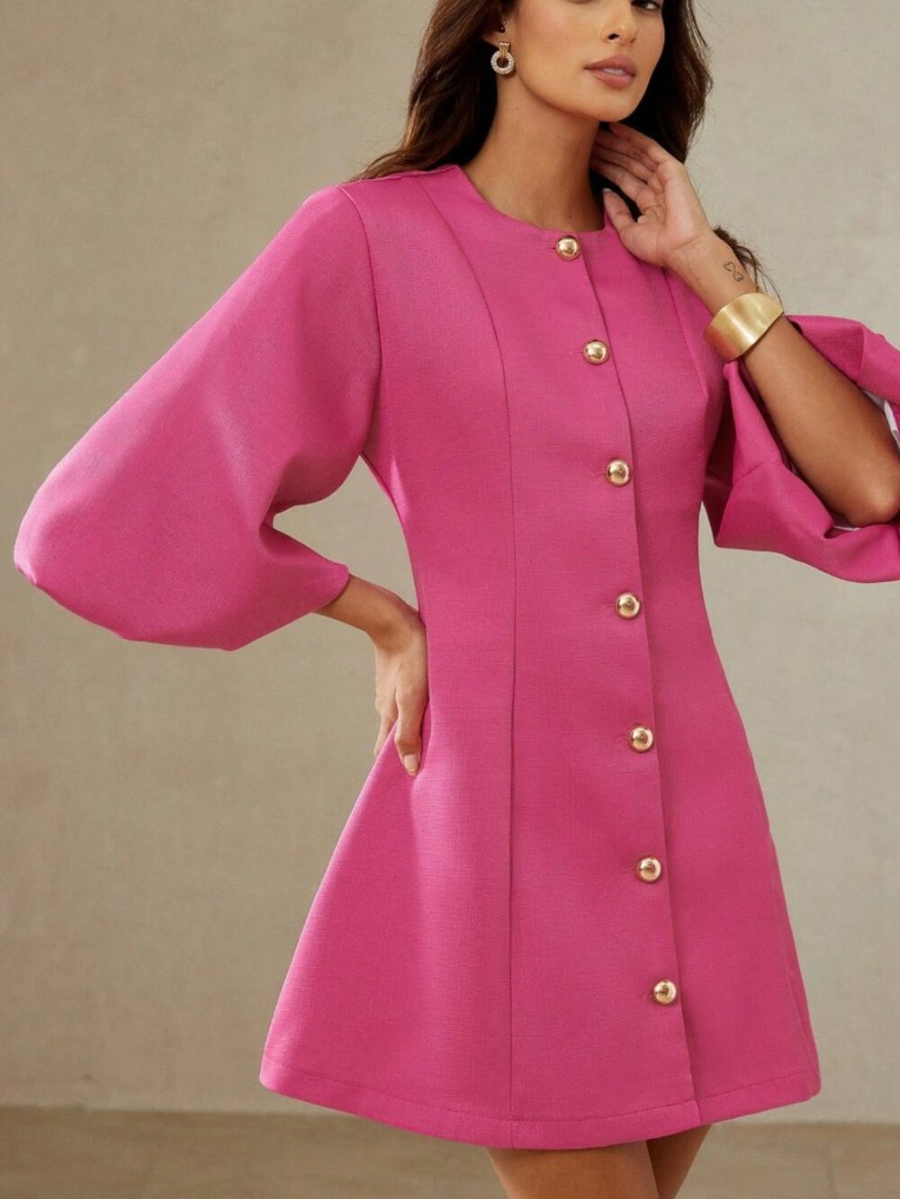 Pink Elegant Women's textured  Buttons Round Neck Lantern Sleeves Mini Dress - Picture 4 of 6